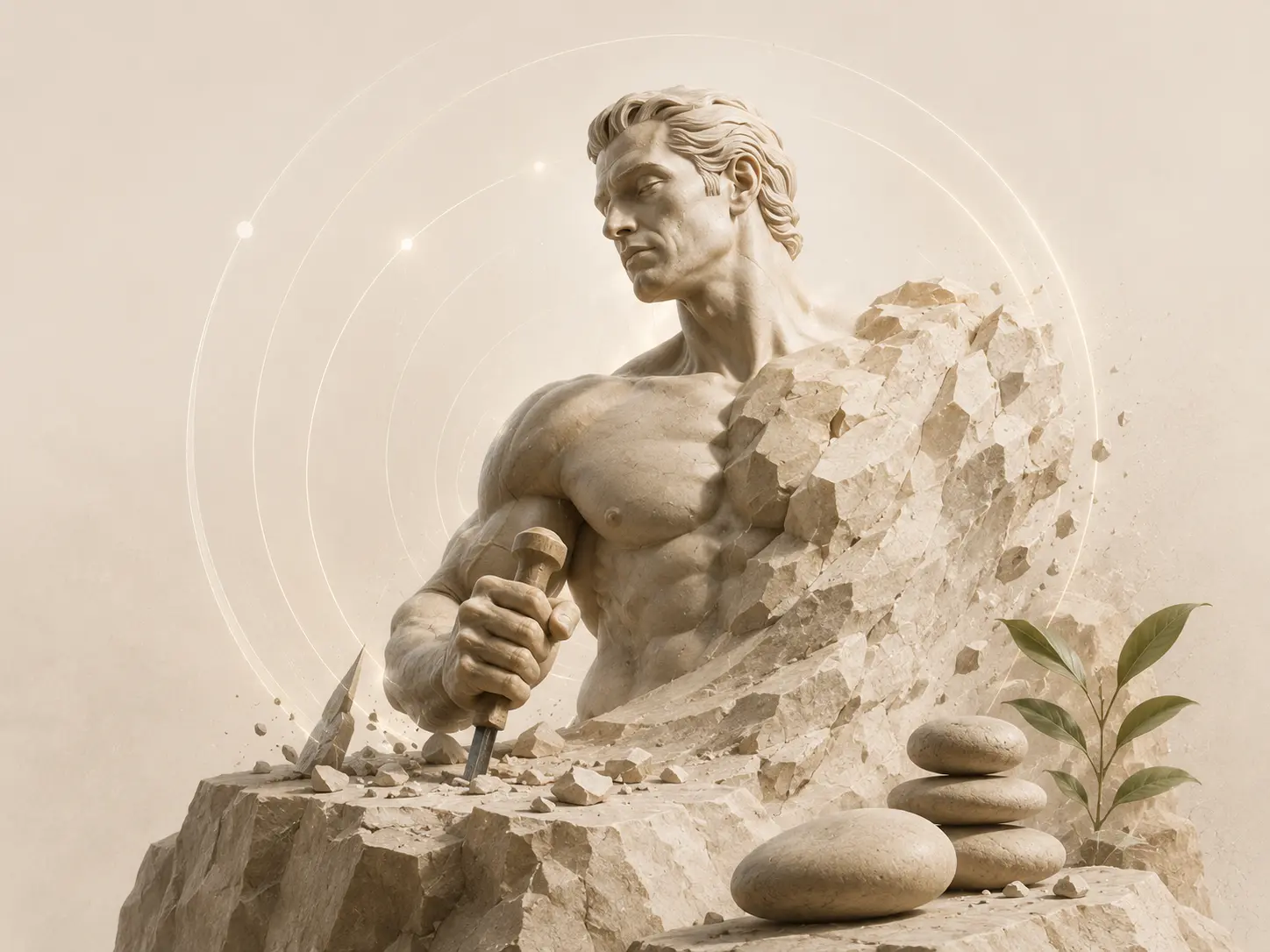 A man actively carving away his overweight outer stone form to reveal a lean, healthy body