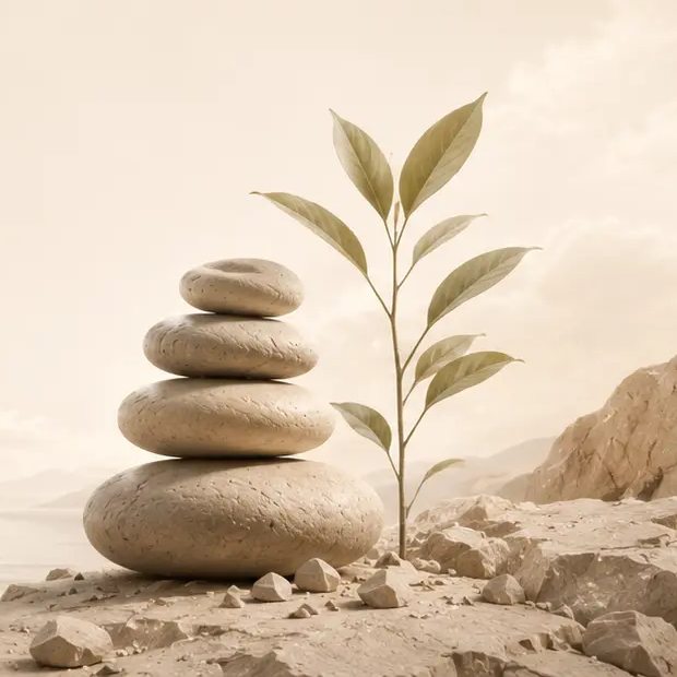 Balanced stones beside a young plant